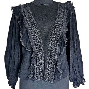 Retro Lace Victorian Whimsigoth Cottagecore Sheer Mesh Black Blouse Sz L